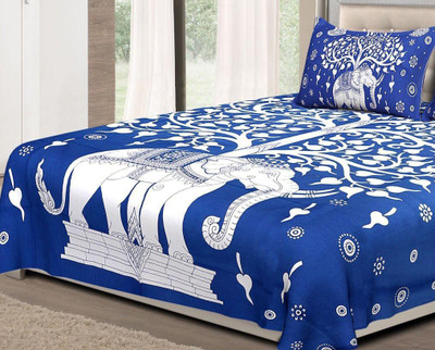 CURE N CARE Cotton Queen Flat 130 TC Jaipuri Prints Bedsheet(Pack of 1, Blue)