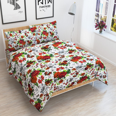 NC CREATIONS 140 TC Polycotton Double Printed Fitted & Flat Bedsheet(Pack of 1, White)