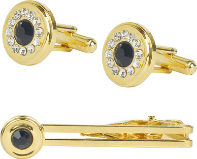 Shining Jewel Brass Cufflink & Tie Pin Set(Gold)