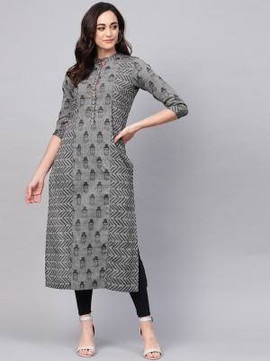 PANNKH Women Printed Straight Kurta(Grey)