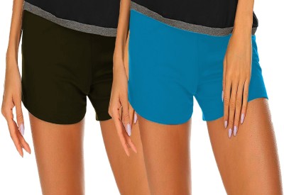 THE BLAZZE Solid Women Dark Green, Light Blue Regular Shorts