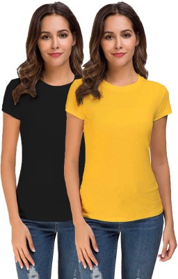 THE BLAZZE Solid Women Round Neck Black, Yellow T-Shirt