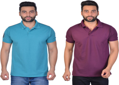 Cousin's Solid Men Polo Neck Purple, Light Green T-Shirt