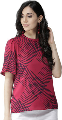 Style Quotient Casual 3/4 Sleeve Checkered Women Pink Top