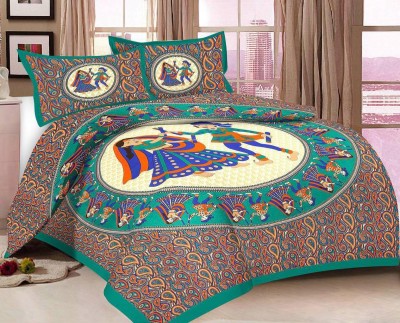 Winksome 155 TC Cotton King Paisley Flat Bedsheet(Pack of 1, Green, Blue)