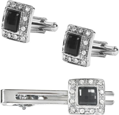 Shining Jewel Brass Cufflink & Tie Pin Set(Silver)