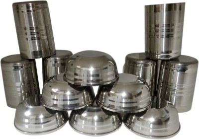 Dynore Stainless Steel Serving Bowl Set of 6 Round Amrapali glass and 6 bowls(Pack of 12, Steel)