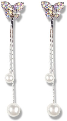 Divastri Butterfly Pearl Hanging Tassels Stylish Silver Earrings for Women and Girls Pearl Metal Drops & Danglers