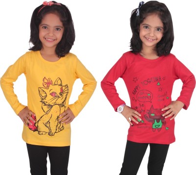 DIAZ Girls Printed Cotton Blend T Shirt(Yellow, Pack of 2)