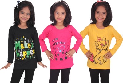 Billion Girls Printed Pure Cotton T Shirt(Multicolor, Pack of 3)