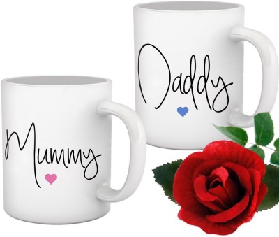 Bigmegamart Mummy Daddy Printed Set of 2 Coffees(350 ml) with Rose-300 Ceramic Coffee Mug(330 ml, Pack of 2)