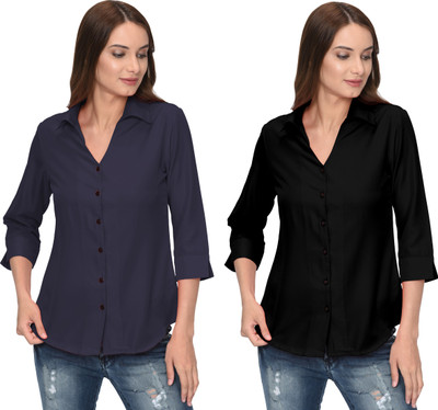 Thisbe Women Solid Casual Dark Blue, Black Shirt(Pack of 2)
