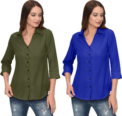 Thisbe Women Solid Casual Green, Blue Shirt(Pack of 2)