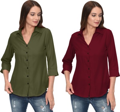 Thisbe Women Solid Formal Green, Maroon Shirt(Pack of 2)