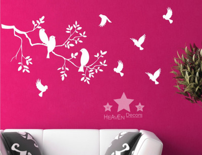 Heaven Decors 103 cm Flower,Vine And Butterfly white Wall Sticker And bird on tree Non-Reusable Sticker(Pack of 1)