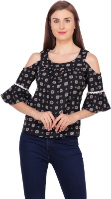 POPWINGS Casual Bell Sleeve Floral Print Women Black Top