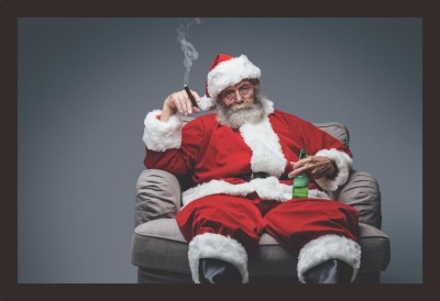 Mad Masters Bad Santa Celebrating Christmas at Home Alone, he is Smoking a Cigar and Drinking Beer. Framed Painting (Wood, 18 inch x 12 inch, Textured UV Reprint)(Mad R1 1531) Oil 12 inch x 18 inch Painting(With Frame)