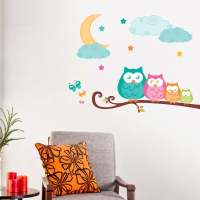 Day Decals 51 cm Owls on a Branch and Butterflies Wall Sticker ( Cover Area :- 27 X 20 inch ) Self Adhesive Sticker(Pack of 1)