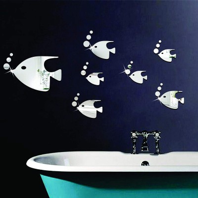 wall1ders 15.24 cm 7 Fish & 21 Dots Silver 3D Acrylic Mirror Wall Sticker Self Adhesive Sticker(Pack of 28)