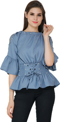 RD Collection Party Bell Sleeve Solid Women Blue Top