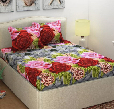 Panipat Textile Hub 160 TC Microfiber Double 3D Printed Fitted & Flat Bedsheet(Pack of 1, Grey)