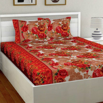 Panipat Textile Hub 160 TC Microfiber Double 3D Printed Fitted & Flat Bedsheet(Pack of 1, Orange)