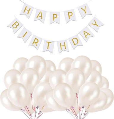 Pixelfox Happy Birthday Banner (White) + 50 Metallic Balloons (White)(Set of 51)