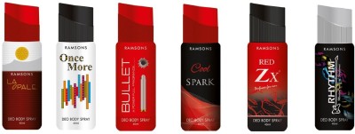 RAMSONS Rhythm Black, Cool Spark, Red Zx, Bullet, La Opale Body Spray - For Men & Women(450 ml, Pack of 6)