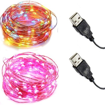 Copper String LED Lights USB Combo, 1 Pink Light, 1 RGB Light, 5MTR 50 LED 50 LEDs 4.98 m Pink, Red, Green, Blue Steady String Rice Lights(Pack of 2)