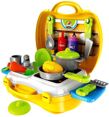 LIRTOZ 26 Pcs Suitcase Kitchen Play Set For Interactive Kitchen Learning For Kids (Yellow)