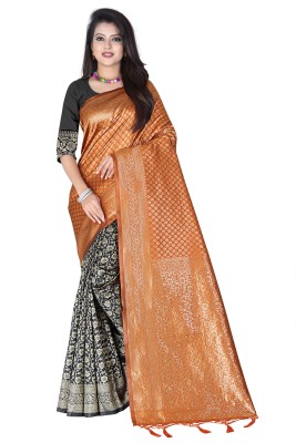 Hensi sarees shop Solid/Plain Kanjivaram Jacquard Saree(Black, Orange)