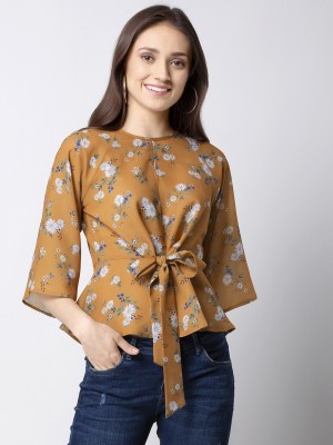 FABALLEY Casual 3/4 Sleeve Floral Print Women Yellow Top