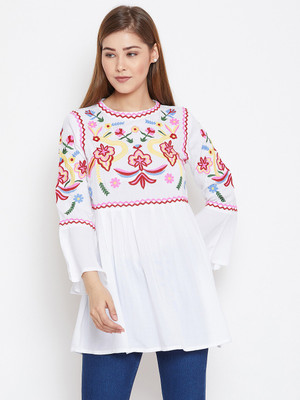 AGARU Casual Embroidered Women White Top