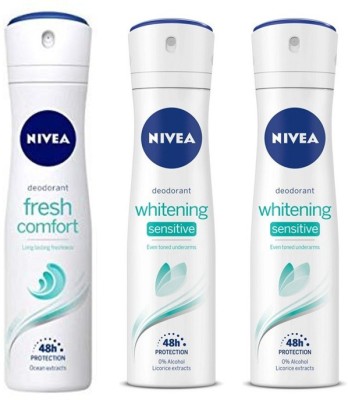 NIVEA 1 Fresh Comfort and 2 Whitening Sensitive Deodorant Spray  -  For Men & Women(150 ml, Pack of 3)