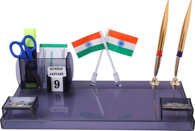 RASPER 3 Compartments Acrylic Executive Acrylic Pen Stand with Mountable Flag(Smoke Black)