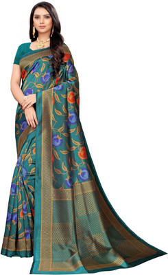 Aadvika Striped, Floral Print Mysore Art Silk Saree(Dark Green)