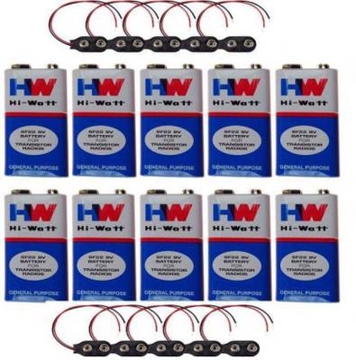 SHOPEE 10 Pc 9 VOLTS HW BATTERY with + 10 Pc Connector, HI-WATT 100% Original 9V Long Life  (Pack of 10)  Battery  (Pack of 10)