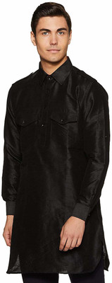 Pintrest Men Solid Pathani Kurta(Black)