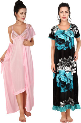 YUALIN CREATION Women Nighty with Robe(Green)