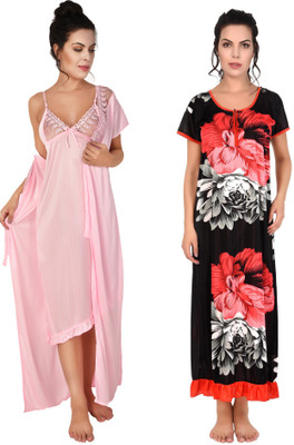 YUALIN CREATION Women Nighty with Robe(Red)