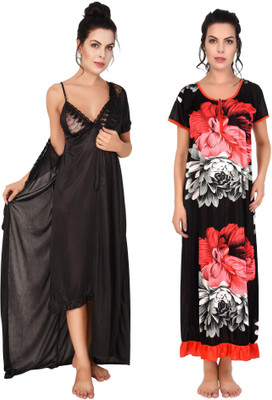 YUALIN CREATION Women Nighty with Robe(Red)