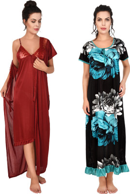 YUALIN CREATION Women Nighty with Robe(Green)