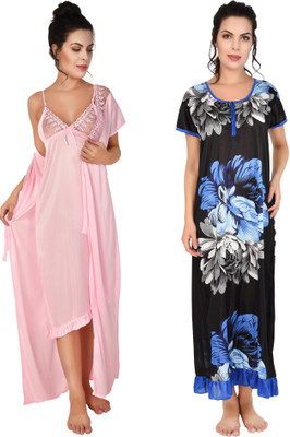 YUALIN CREATION Women Nighty with Robe(Blue)