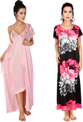 YUALIN CREATION Women Nighty with Robe(Pink)