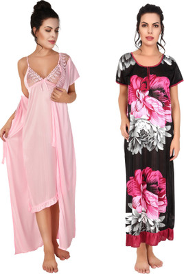 YUALIN CREATION Women Nighty with Robe(Maroon)