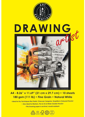 ART ESSENTIALS Drawing Artist A4 (21 cm x 29.7 cm) Natural White Fine Grain 180 GSM Paper, Polypack of 10 Sheets A4 180 gsm Drawing Paper(Set of 10, Natural White)