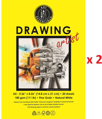 ART ESSENTIALS Drawing Artist A5 (14.8 cm x 21 cm) Natural White Fine Grain 180 GSM Paper, Polypack of 40 Sheets A5 180 gsm Drawing Paper(Set of 40, Natural White)