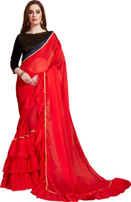 Darshita International Striped Banarasi Velvet, Net Saree(Red)