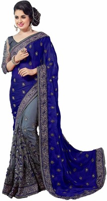 GlamFlox Embroidered Bollywood Satin, Silk Blend Saree(Dark Blue, Grey)