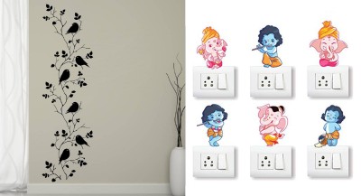 GharKraft 10 cm Bird vine With Free Ganesh and Friends Switch Board Sticker Self Adhesive Sticker(Pack of 2)